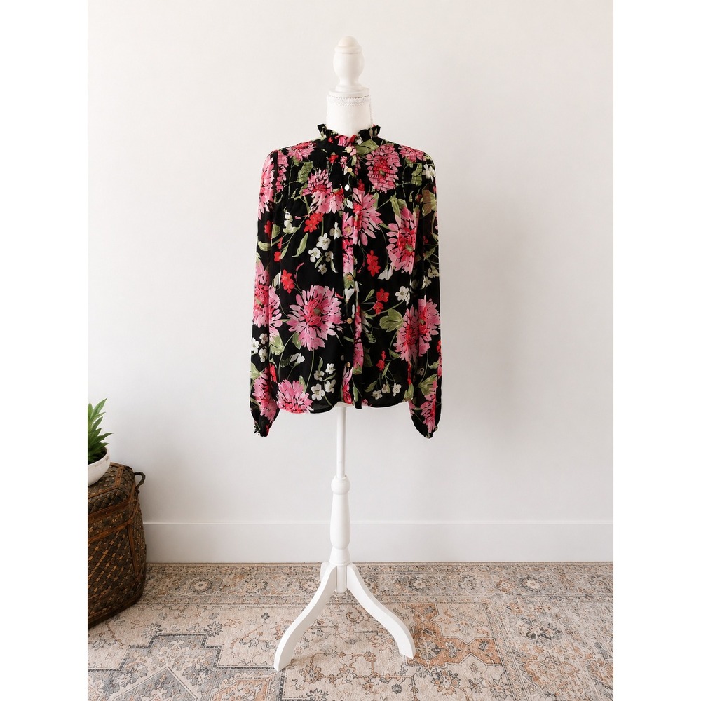 Draper James RSVP Floral Blouse Women's M Black Pink Ruffle Button Front